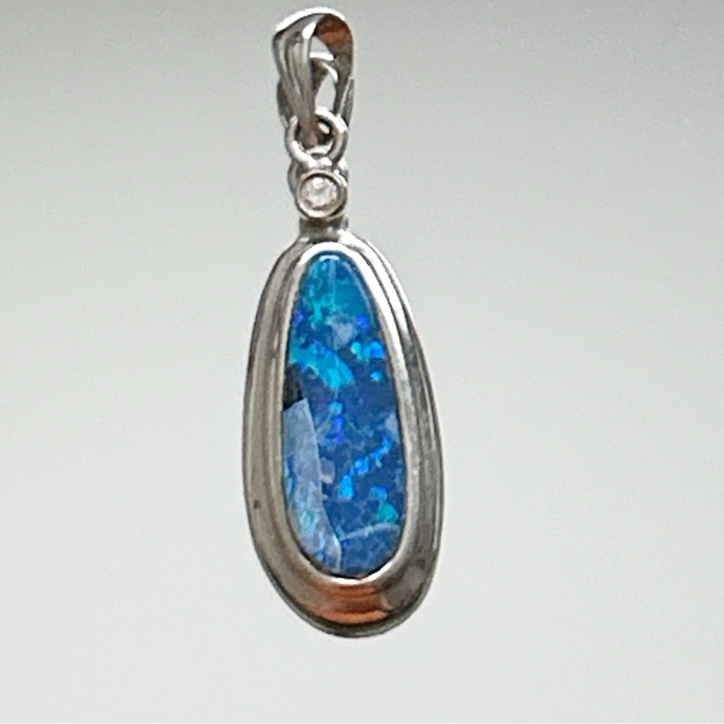 Diamond Fiery Blue Opal 14 Kt Gold Pendant